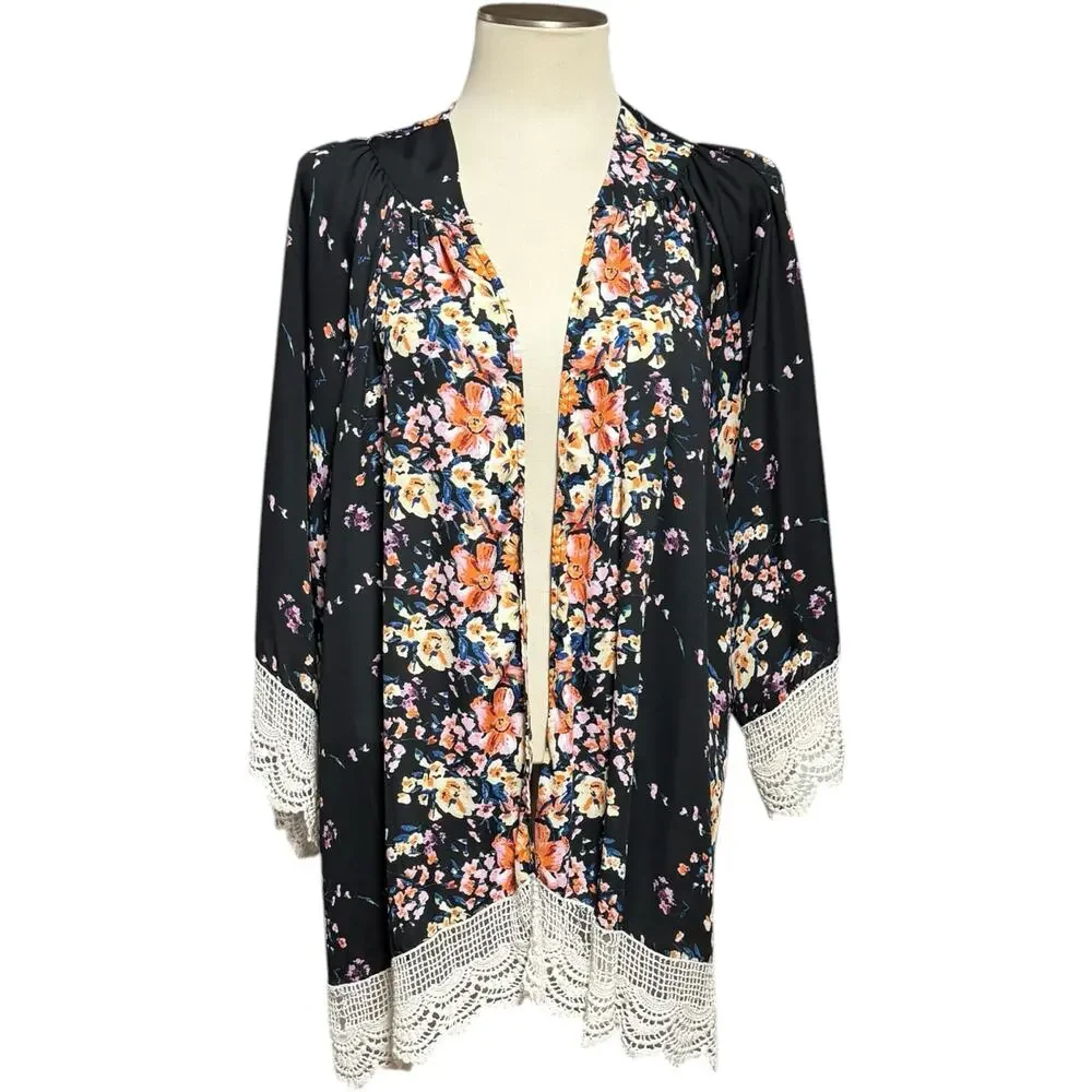 Umgee Open Front Kimono Cardigan Black Multicolor Floral Crochet Lace Med/Lg